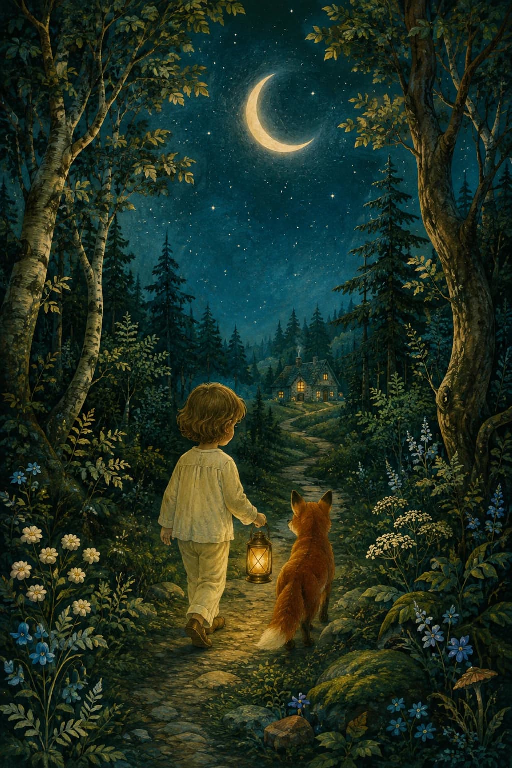 A child and a fox carry a lantern toward a cozy cottage beneath the moon